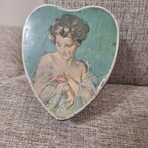 Antique TINDECO green blue Heart Shaped Tin with hinge lid Victorian lady